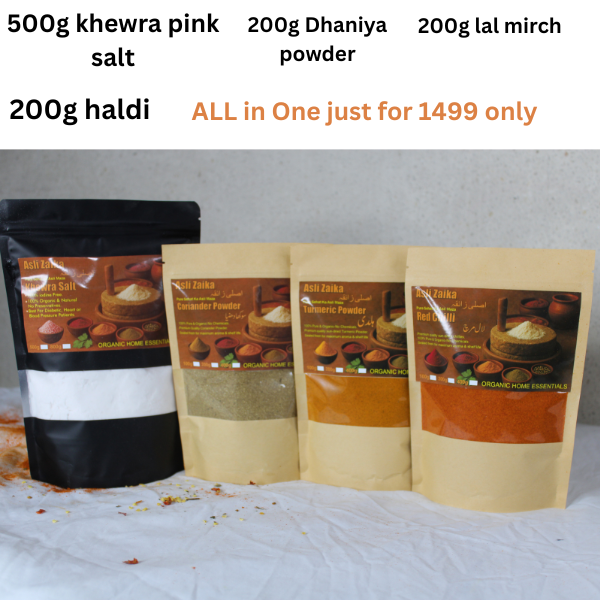 Asli Zaika Desi Masala Combo – Pink Salt, Haldi, Dhania, Lal Mirch (4 Pack) – 100% Pure & Hand-Ground – 1499 Only