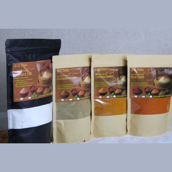 Asli Zaika Desi Masala Combo – Pink Salt, Haldi, Dhania, Lal Mirch (4 Pack) – 100% Pure & Hand-Ground – 1499 Only